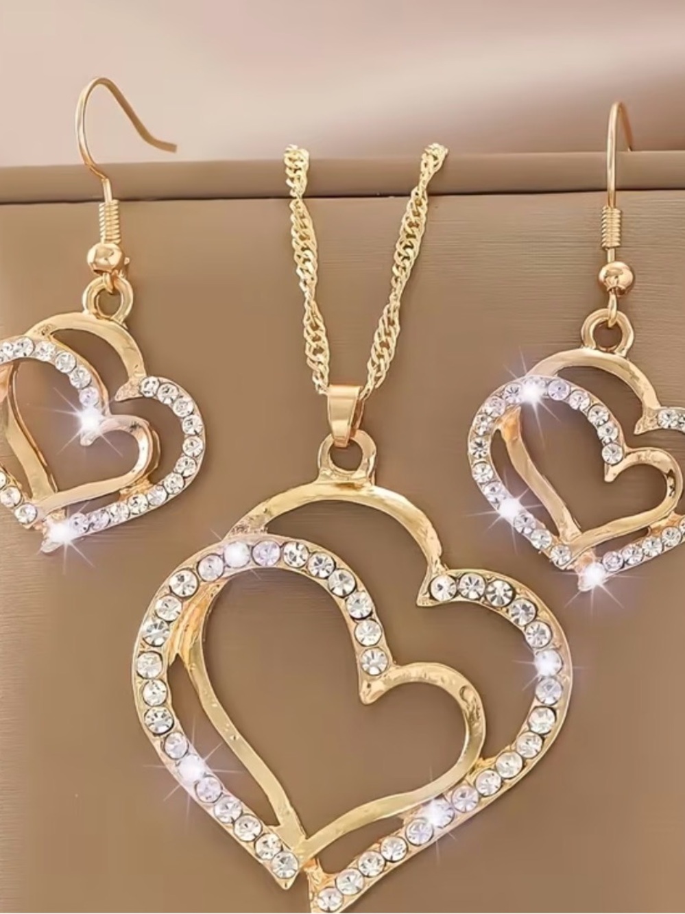 Gold Heart Crystal Pendant Necklace & Earring Set NWT